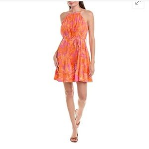 Taylor Orange Pink Pleated Floral Halter Mini Dress Size Large